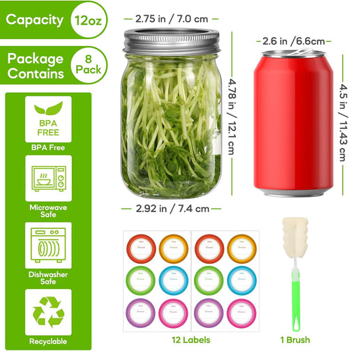 12 oz Clear Glass Mason Jar with Airtight Lid, 8 Pack T23815