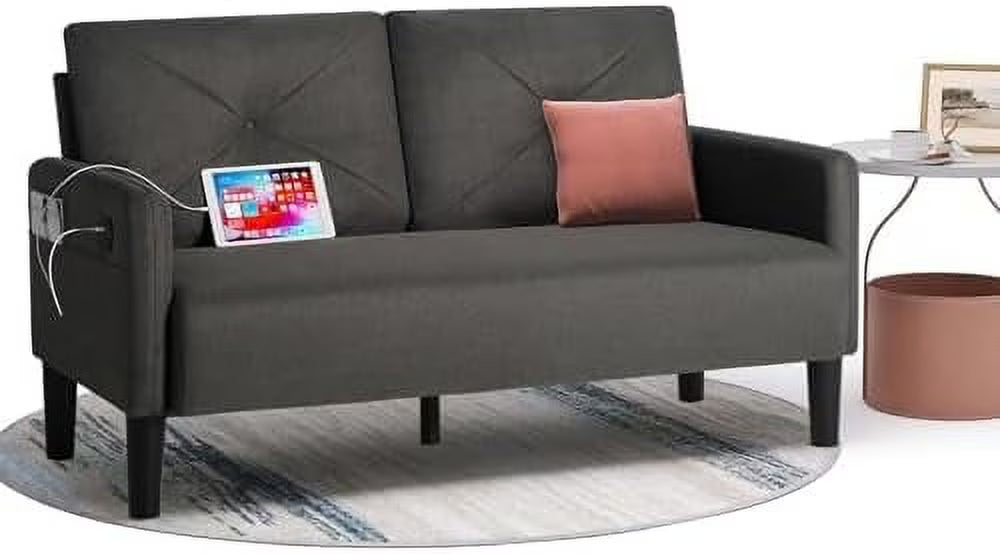 Tufted 2 Seater Loveseat Sofa Couch with Charger Port & Pocket J122