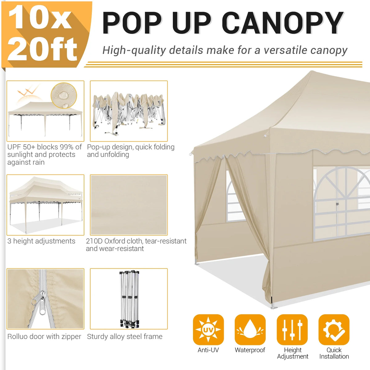 10' x 20' Pop Up Canopy Party Tent with Carry Bag, Khaki L906