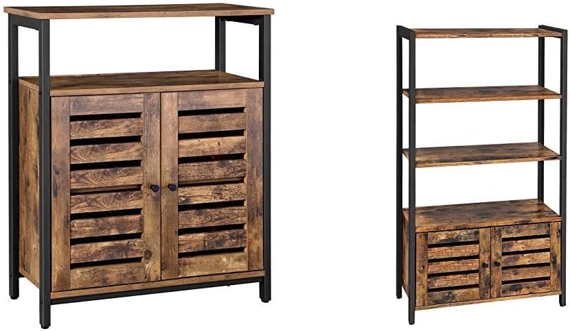 Rustic Brown Storage Cabinet with Shelf and Bookshelf with 3 Shelves and 2 Louvered Doors E4908