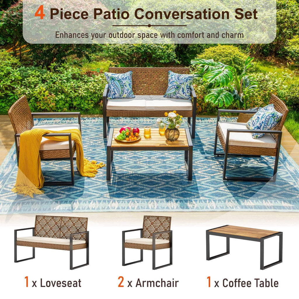 Beige 4 Piece Wicker Outdoor Conversation Set O6290