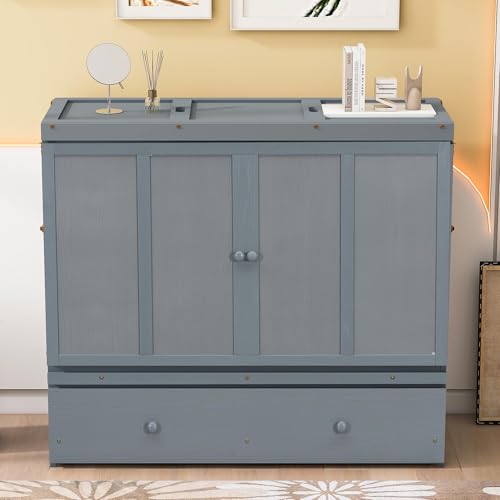 Queen Size Solid Pine Murphy Bed Cabinet with Storage Drawer M480