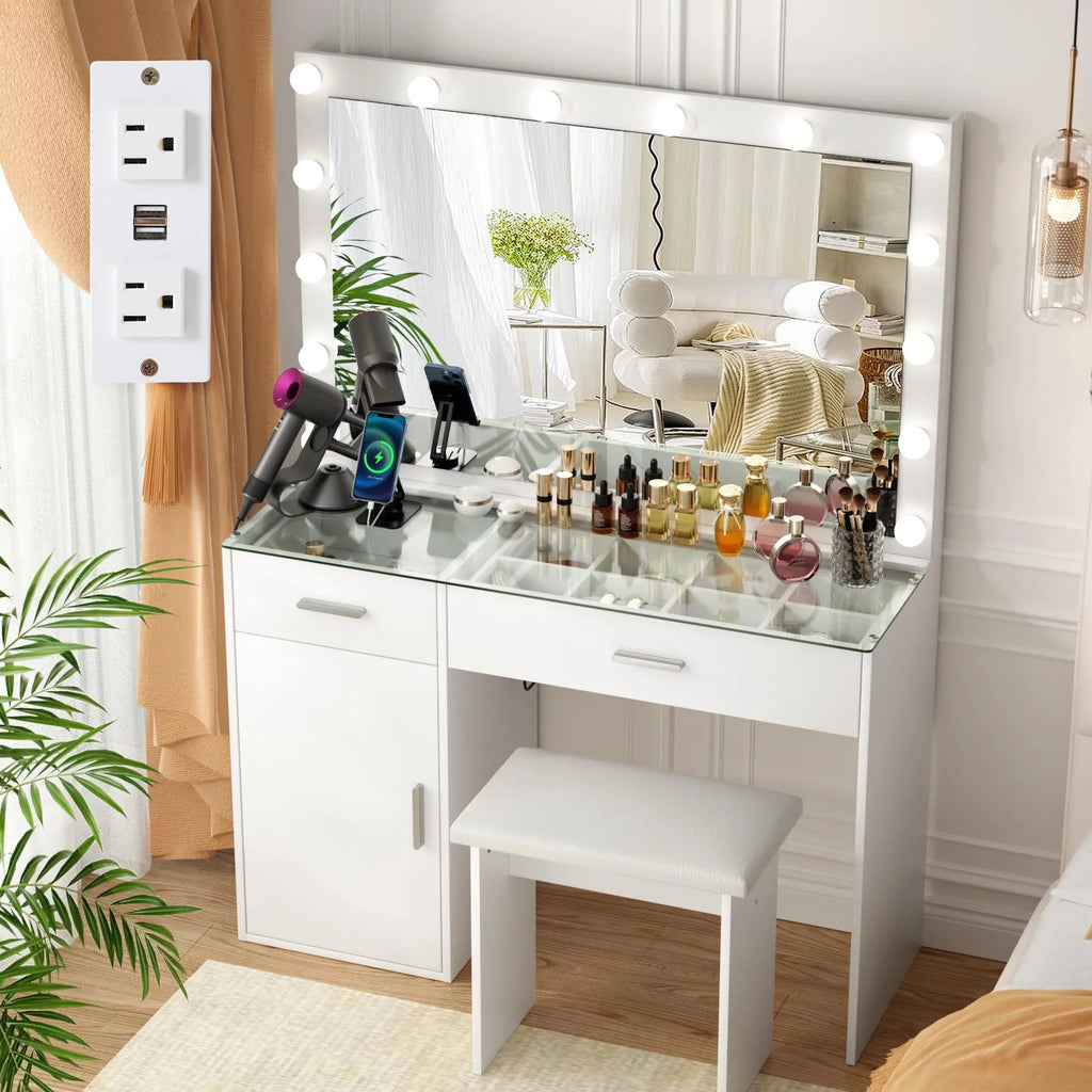 White Makeup Vanity Desk with Mirror and Lights U3949