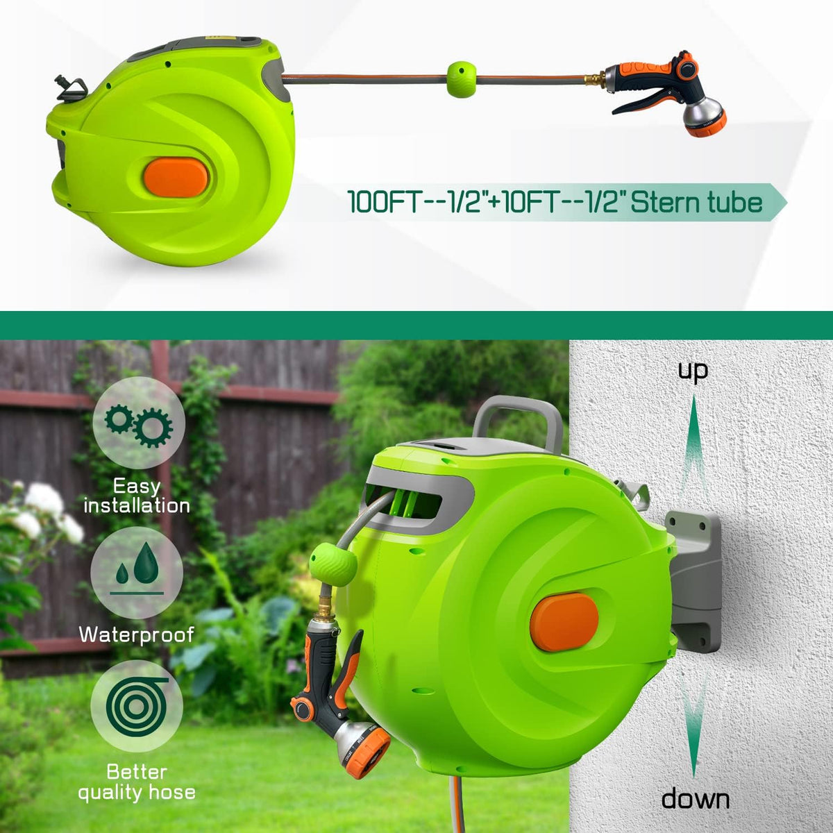 1/2'' x 100 FT Retractable Hose Reel with 8 Patterns Nozzle G1624