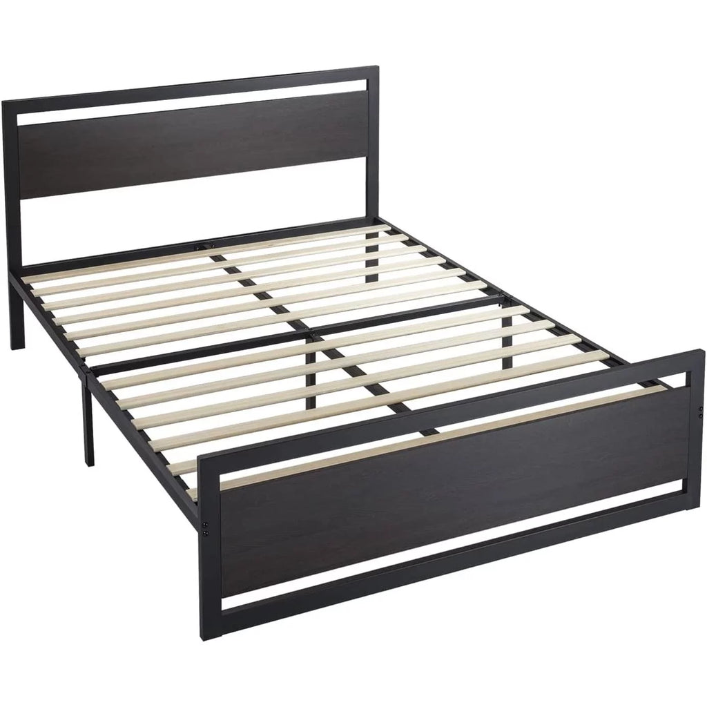 Black Metal Platform Bed Frame with Wood Headboard and Footboard F933423