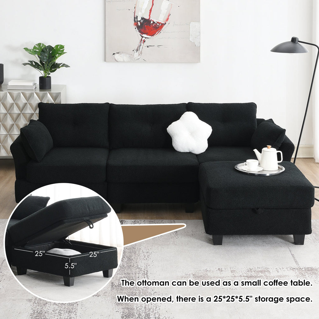 Black Velvet Sectional Sofa with Storage Ottoman L9800