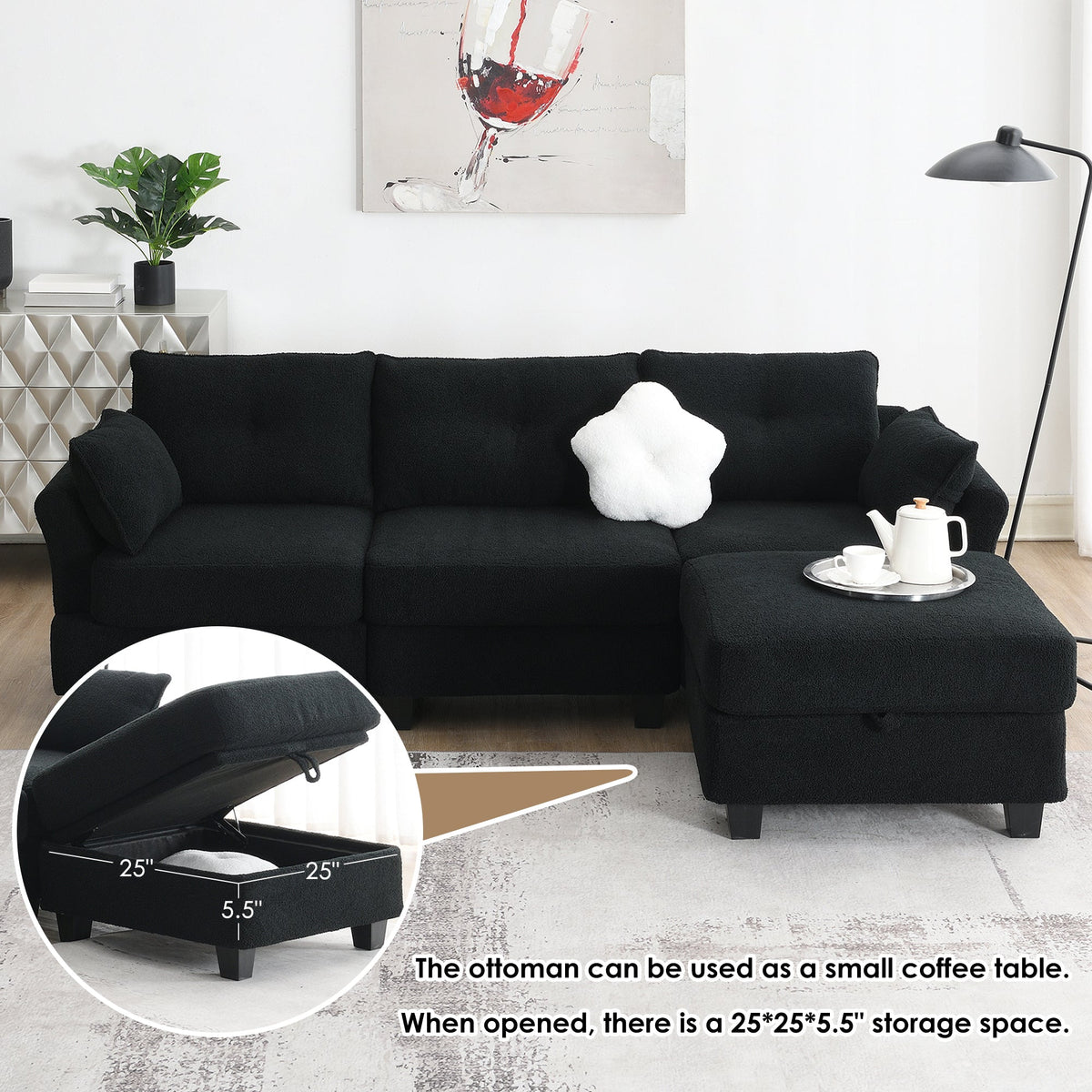 Black Velvet Sectional Sofa with Storage Ottoman L9800