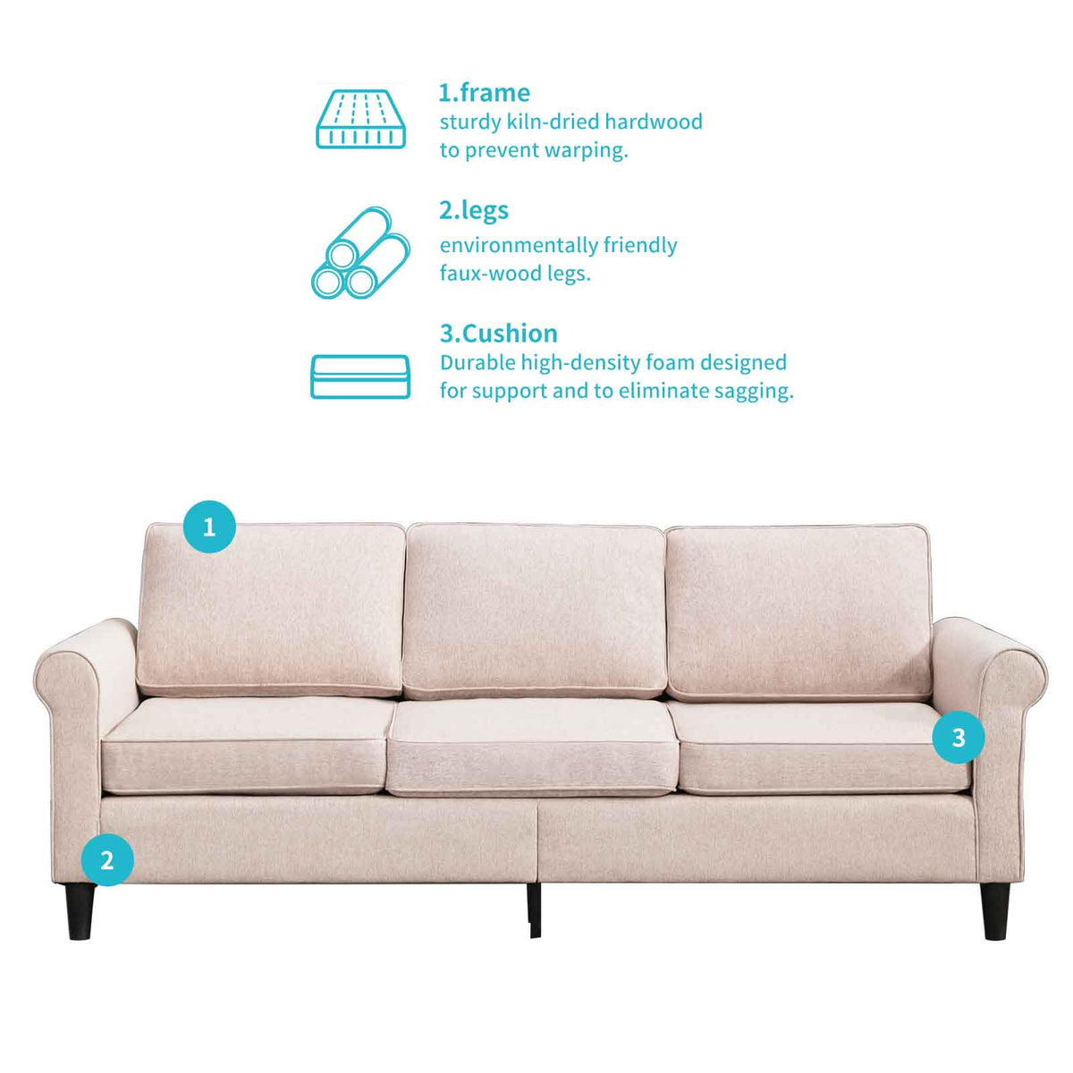 Linen Upholstered 3-Seater Sleeper Sofa with Cushion H906367