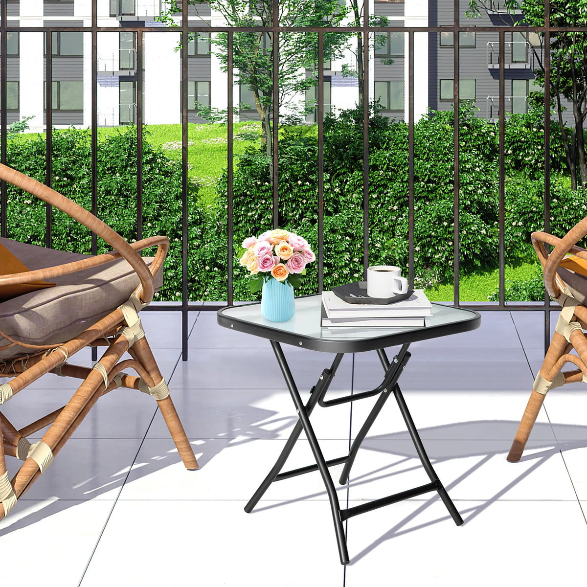 18'' Foldable Square Patio Side Table with Tempered Glass Top Y13001