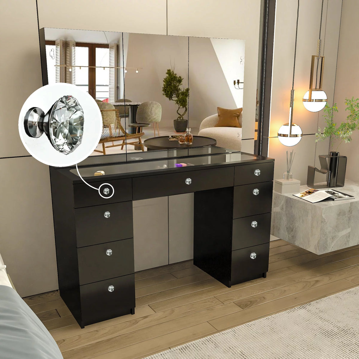 Black Painted Vanity Table with Crystal Knobs N719