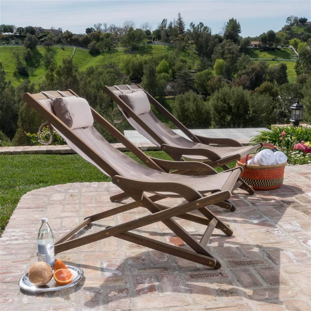 Brown Wood and Canvas Sling Chair Set of 2 U562660