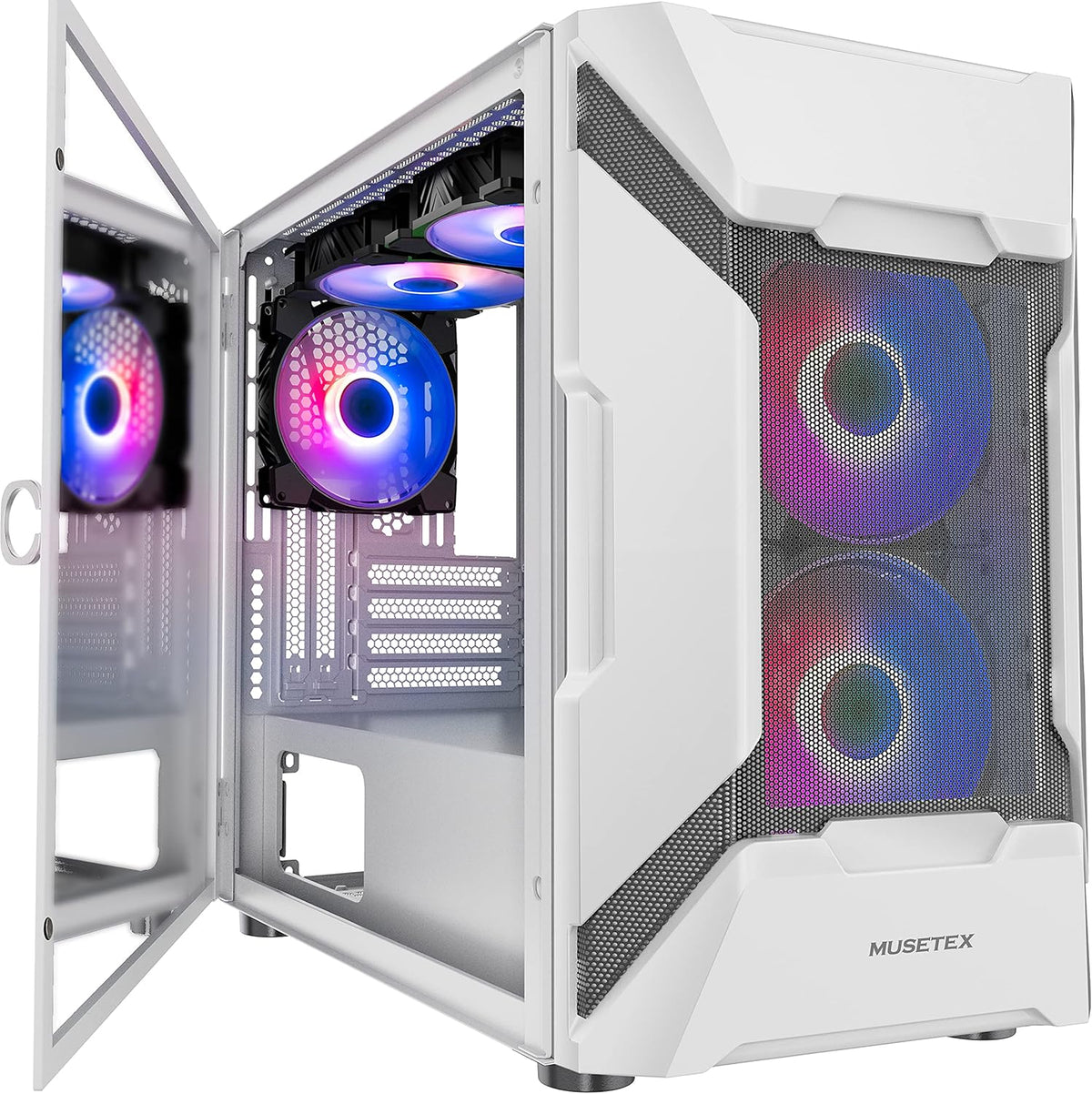 White Mesh Mid Tower PC Case with 5 ARGB Fans and Tempered Glass Panel T622850