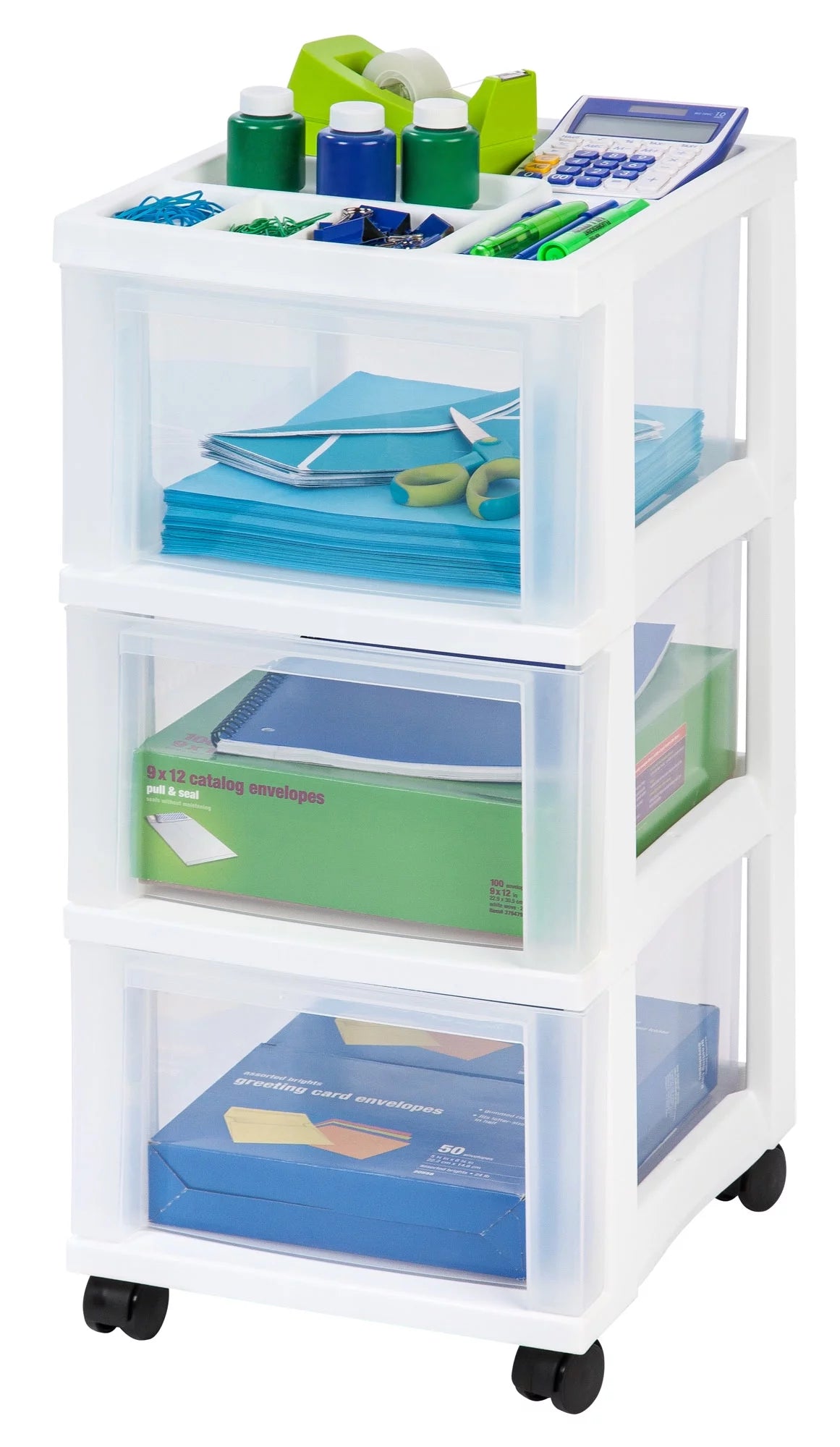 White 3 Drawer Narrow Plastic Storage Drawer with Organizer Top R6611