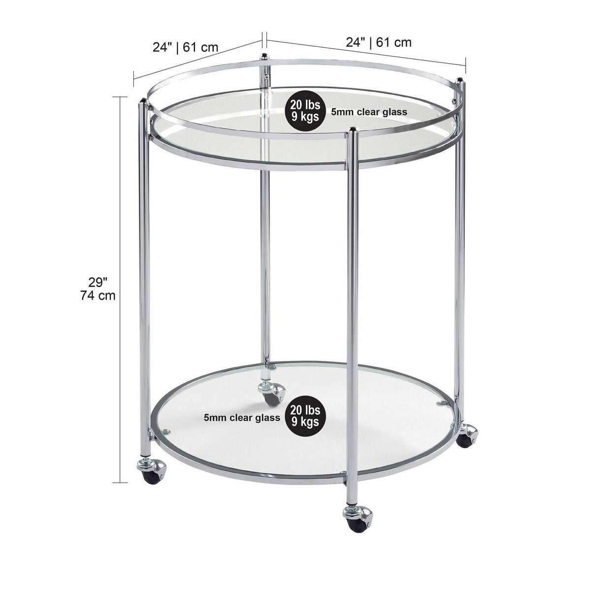 24x22 Round Cart Chrome Clear Glass S7791