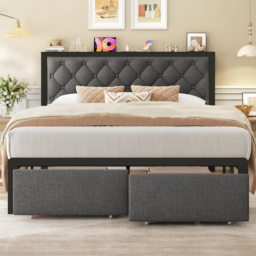 Grey Queen Bed Frame with 2 Storage Drawers L4645