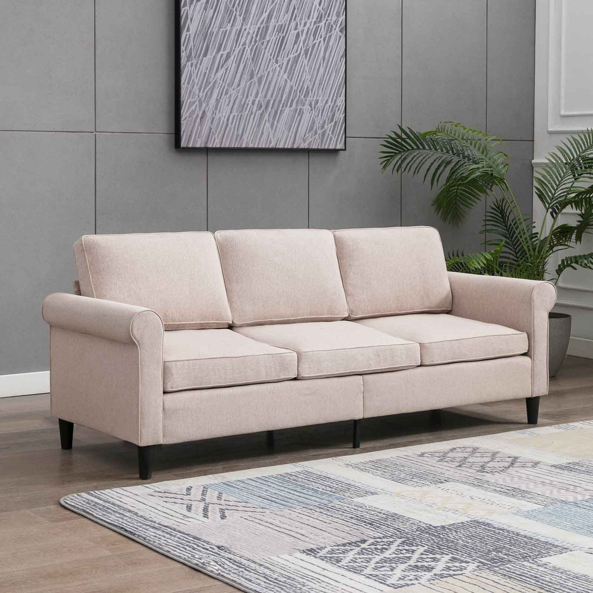 Linen Upholstered 3-Seater Sleeper Sofa with Cushion H906367