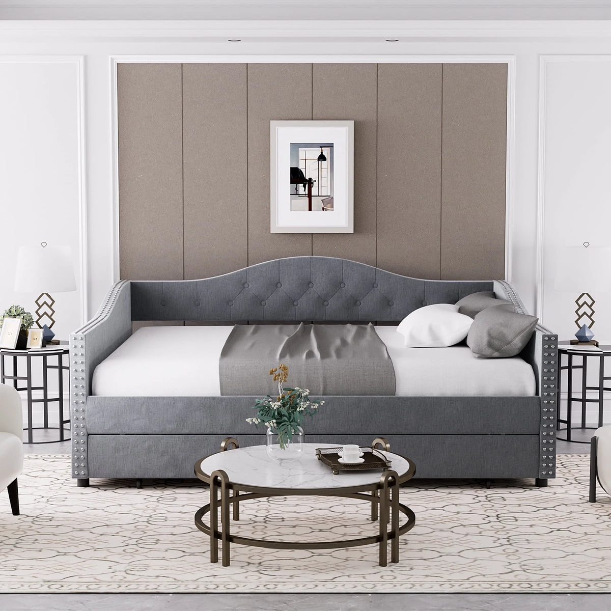 Full Size Tufted Upholstered Velvet Daybed with Trundle J96679