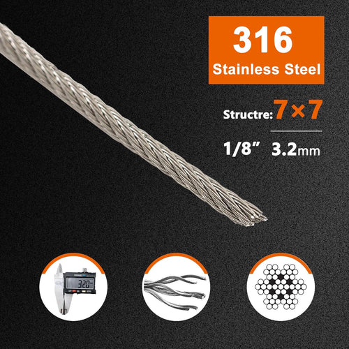1/8 T316 Stainless Steel Cable with Cutter, 20 Pcs Protector Sleeves, 7 x 7 Strands, 450FT B614905