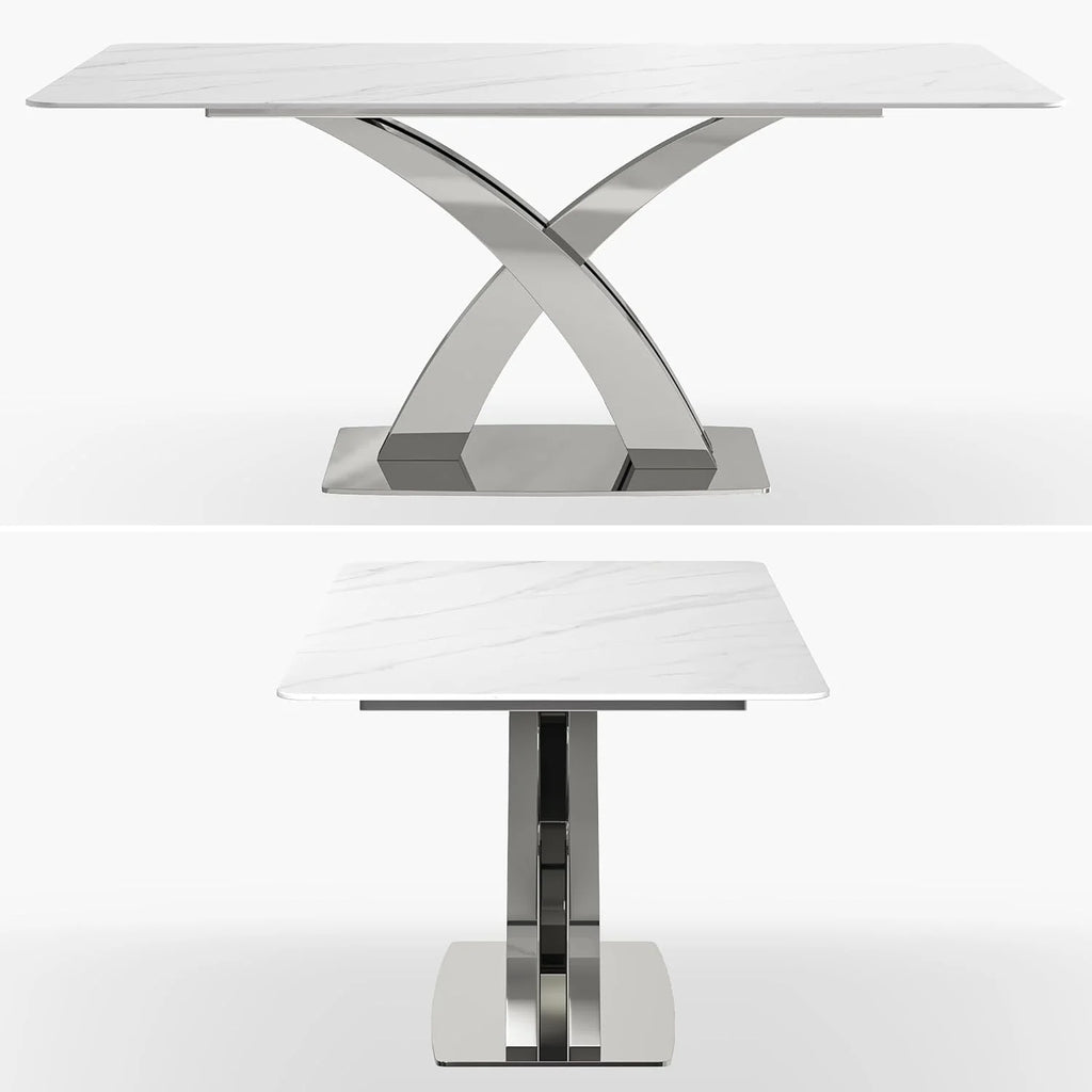 White Sintered Stone Dining Table for 8, Stainless Steel Base J210483