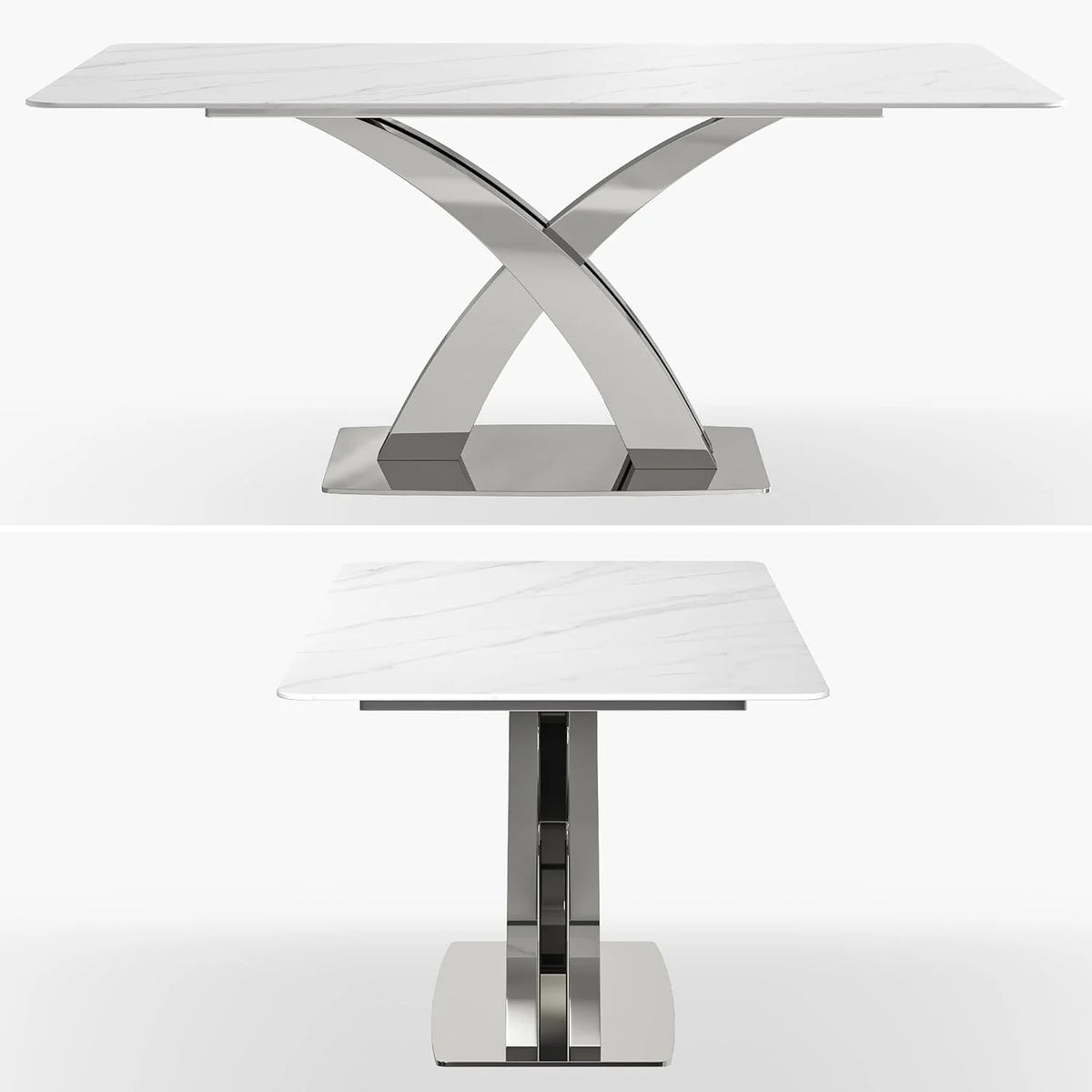White Sintered Stone Dining Table for 8, Stainless Steel Base J210483