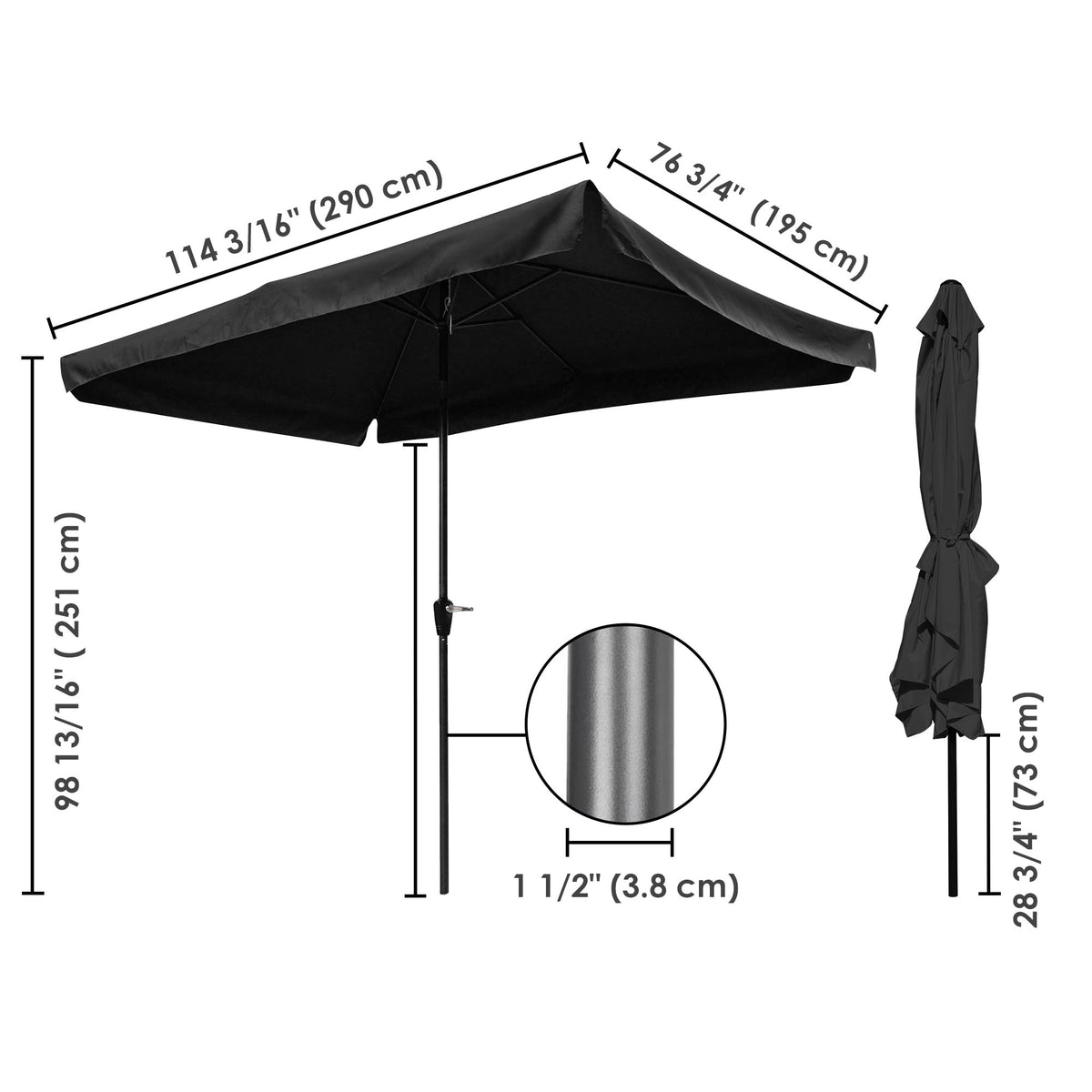10x6.5ft Rectangle Aluminum Outdoor Patio Umbrella with Valance Crank Tilt Dark Black E9679