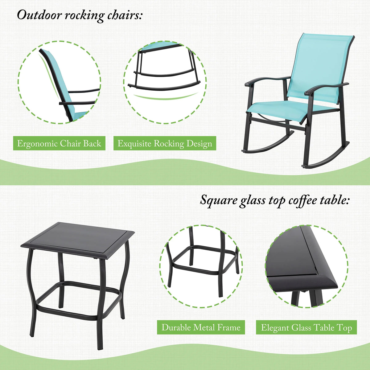 3 Piece Rocking Bistro Set with Rocker Chairs and Coffee Table Light Grey Z975