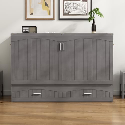 Queen Size Solid Pine Murphy Bed Cabinet with Storage Drawer M480
