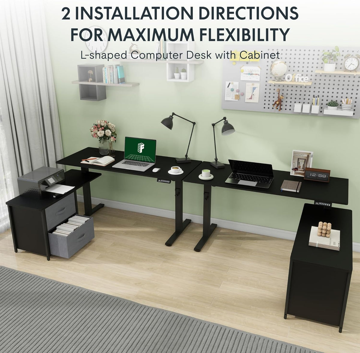 Black L Shaped Standing Desk with Drawers B66251