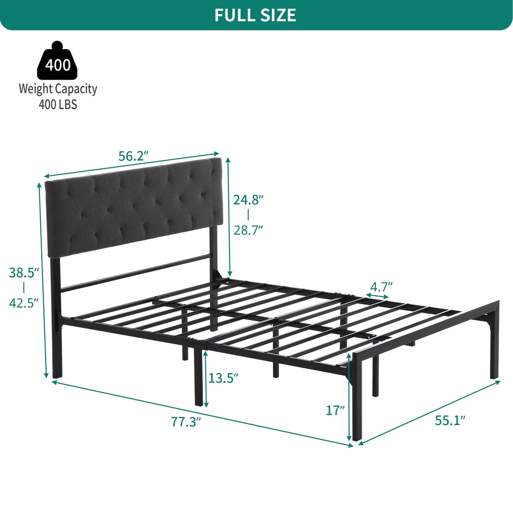 Upholstered Platform Bed with Adjustable Headboard, Full Size Metal Bed Frame X73735