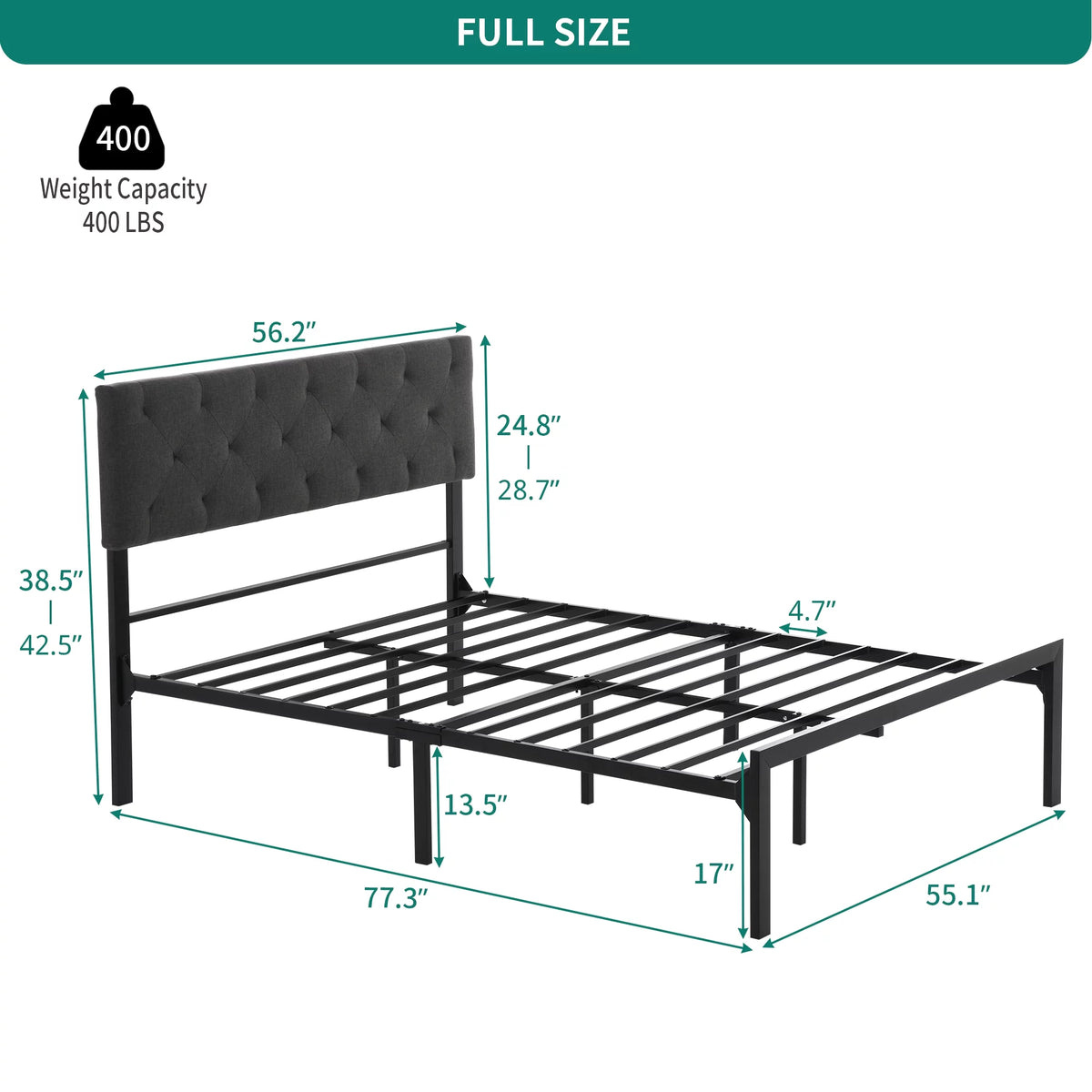 Upholstered Platform Bed with Adjustable Headboard, Full Size Metal Bed Frame X73735