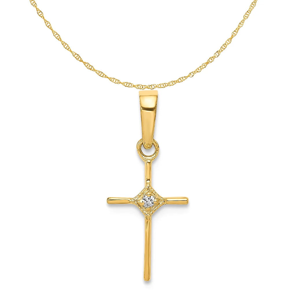 14K Yellow Gold Diamond Cross Pendant Charm with Rope Chain Necklace 20'' F976