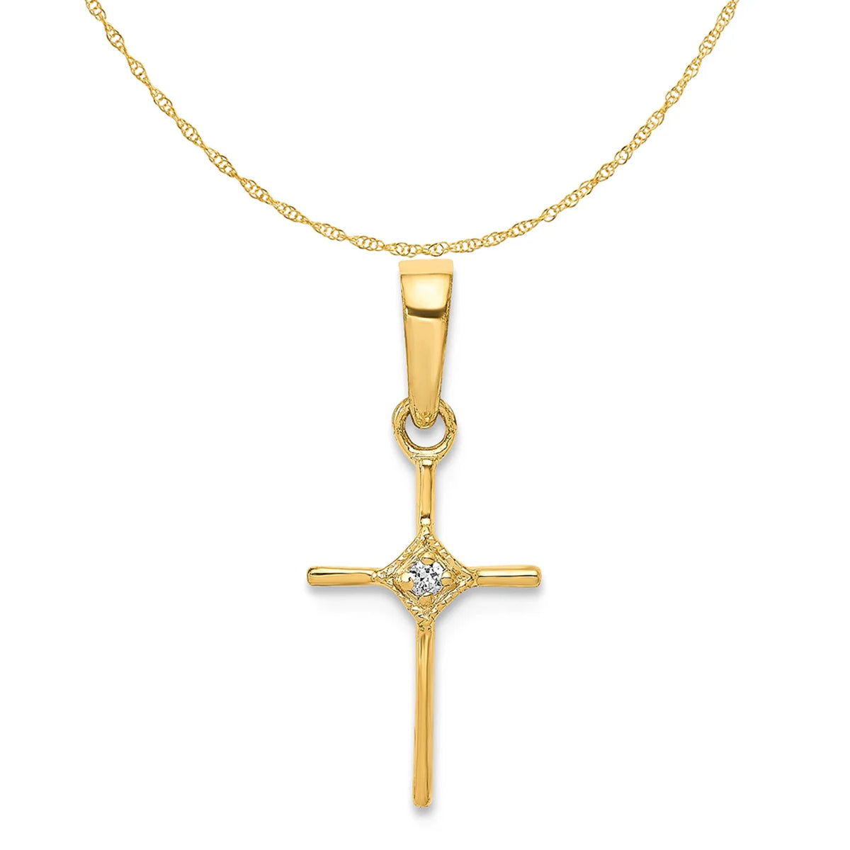 14K Yellow Gold Diamond Cross Pendant Charm with Rope Chain Necklace 20'' F976