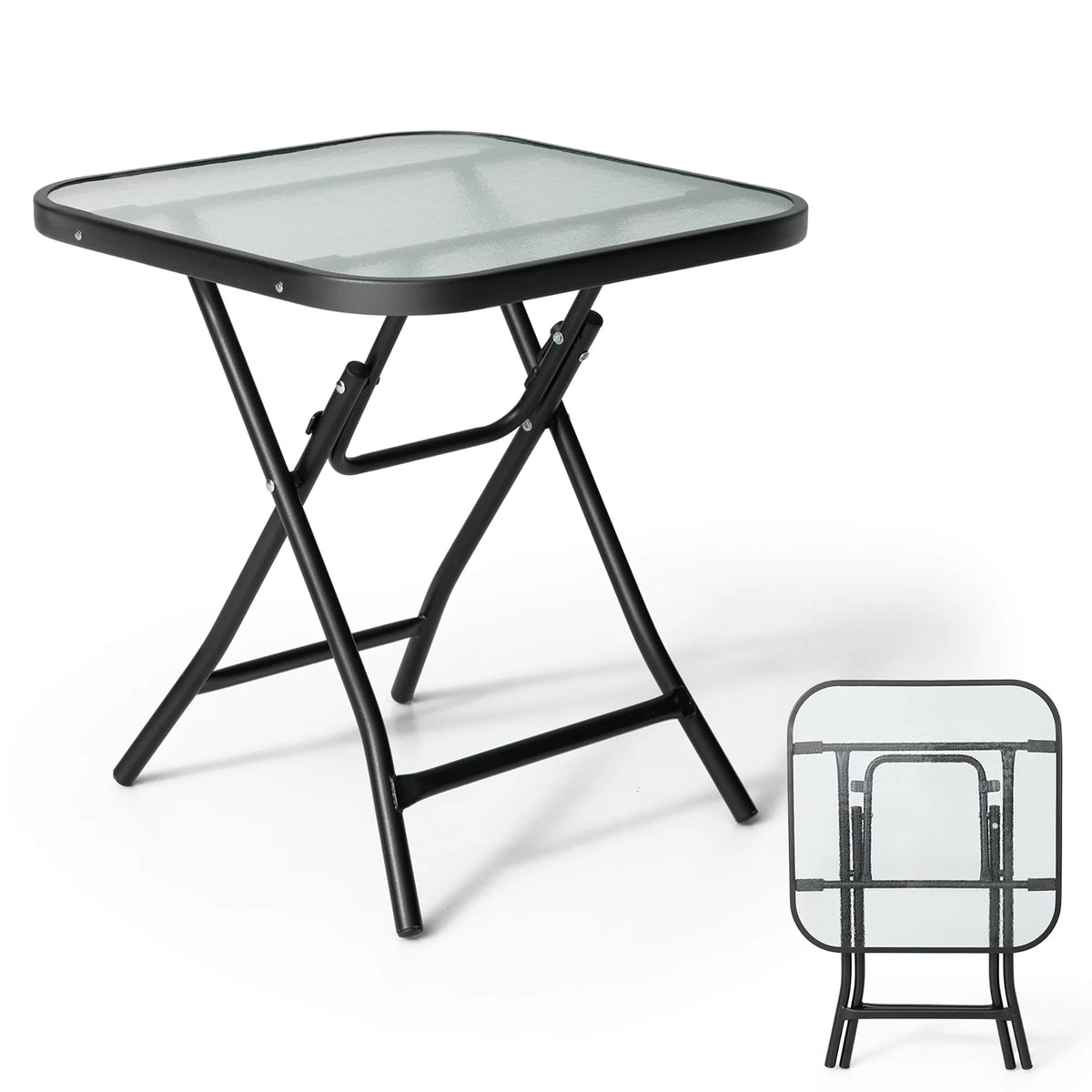 18'' Foldable Square Patio Side Table with Tempered Glass Top Y13001