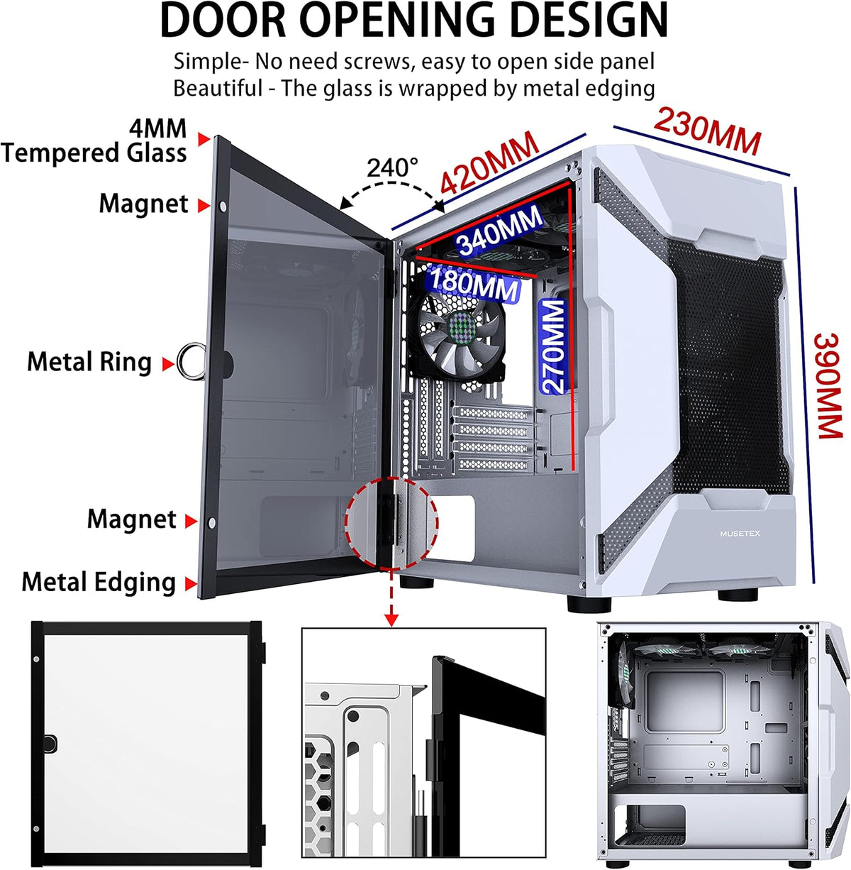 White Mesh Mid Tower PC Case with 5 ARGB Fans and Tempered Glass Panel T622850
