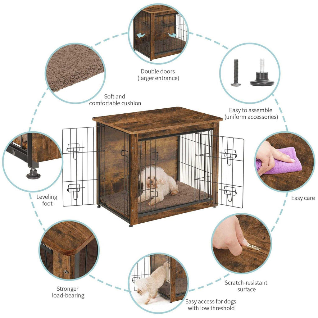 Wooden Dog Crate Furniture with Cushion and Double Doors W91911