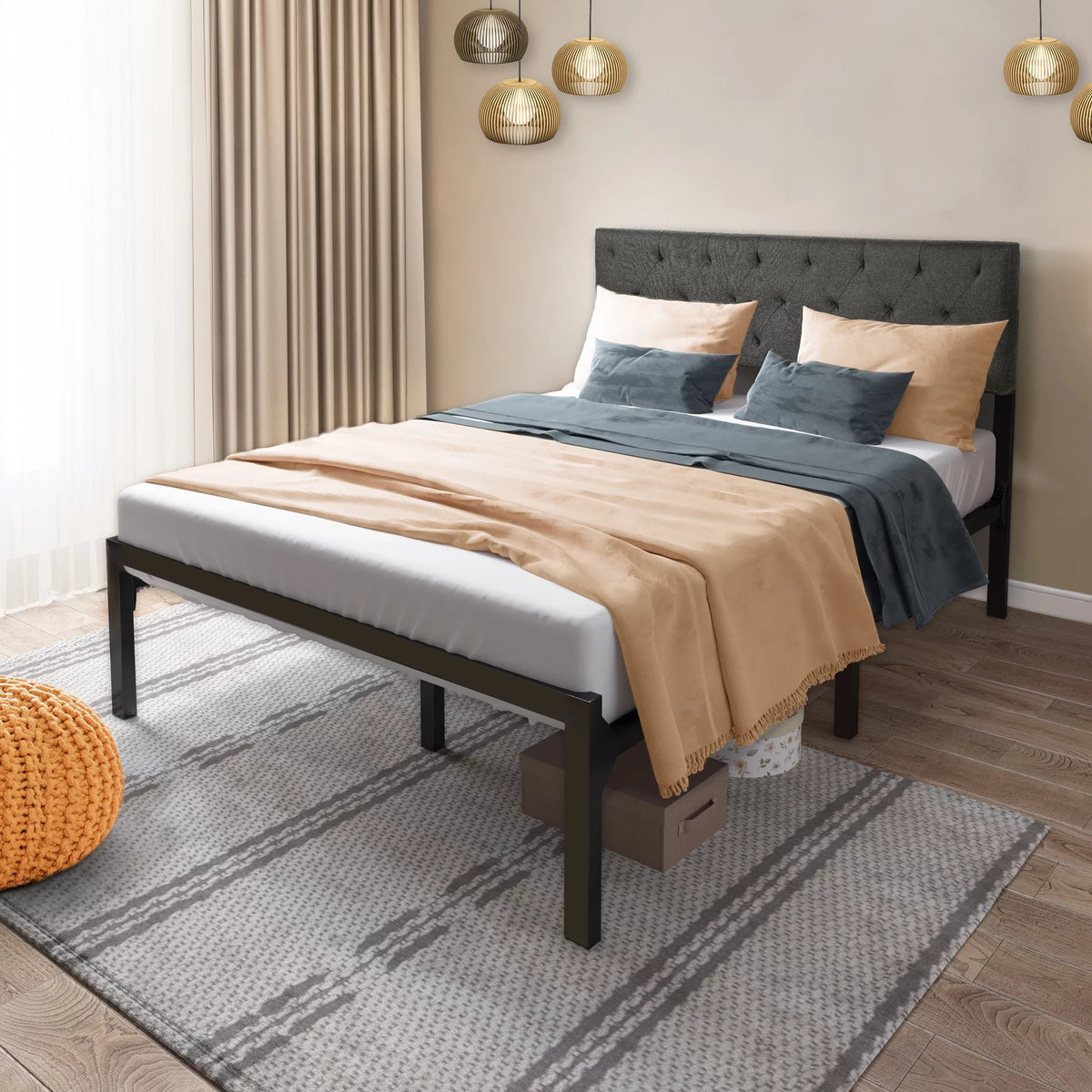 Upholstered Platform Bed with Adjustable Headboard, Full Size Metal Bed Frame X73735