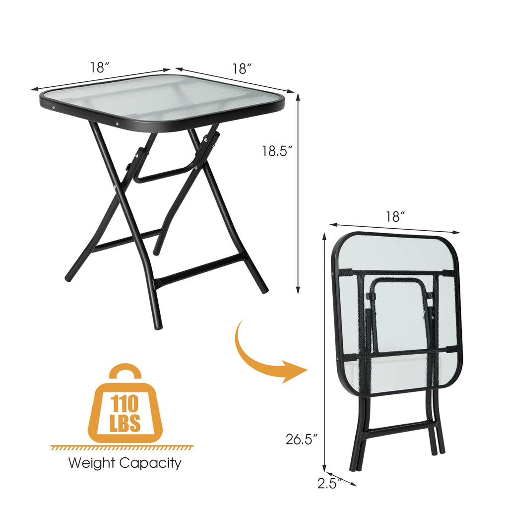 18'' Foldable Square Patio Side Table with Tempered Glass Top Y13001