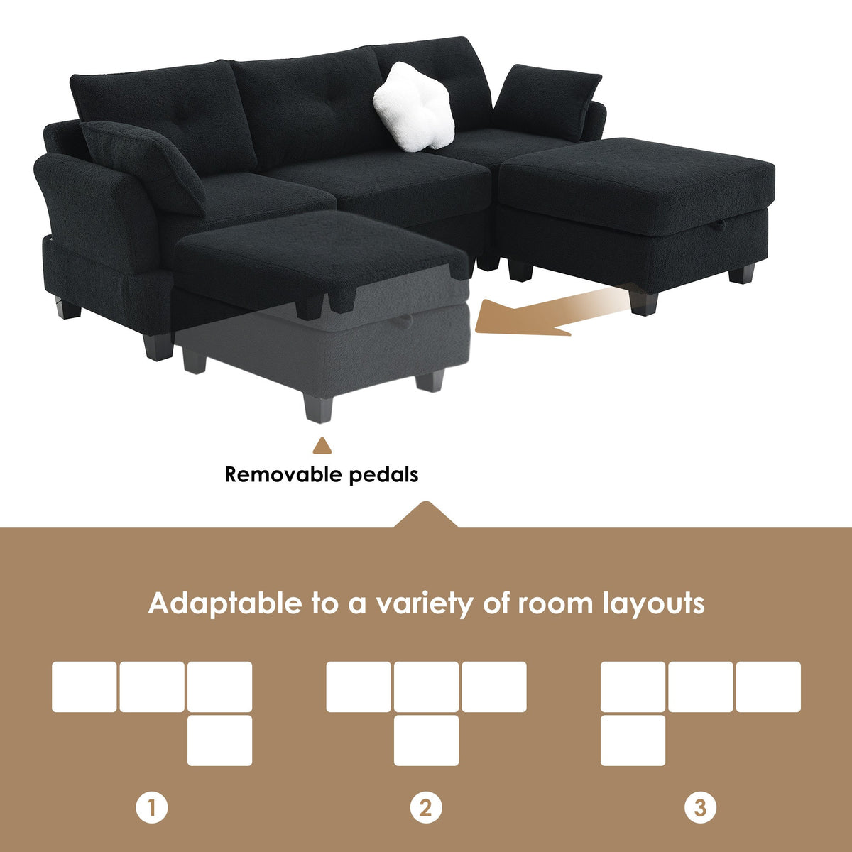 Black Velvet Sectional Sofa with Storage Ottoman L9800