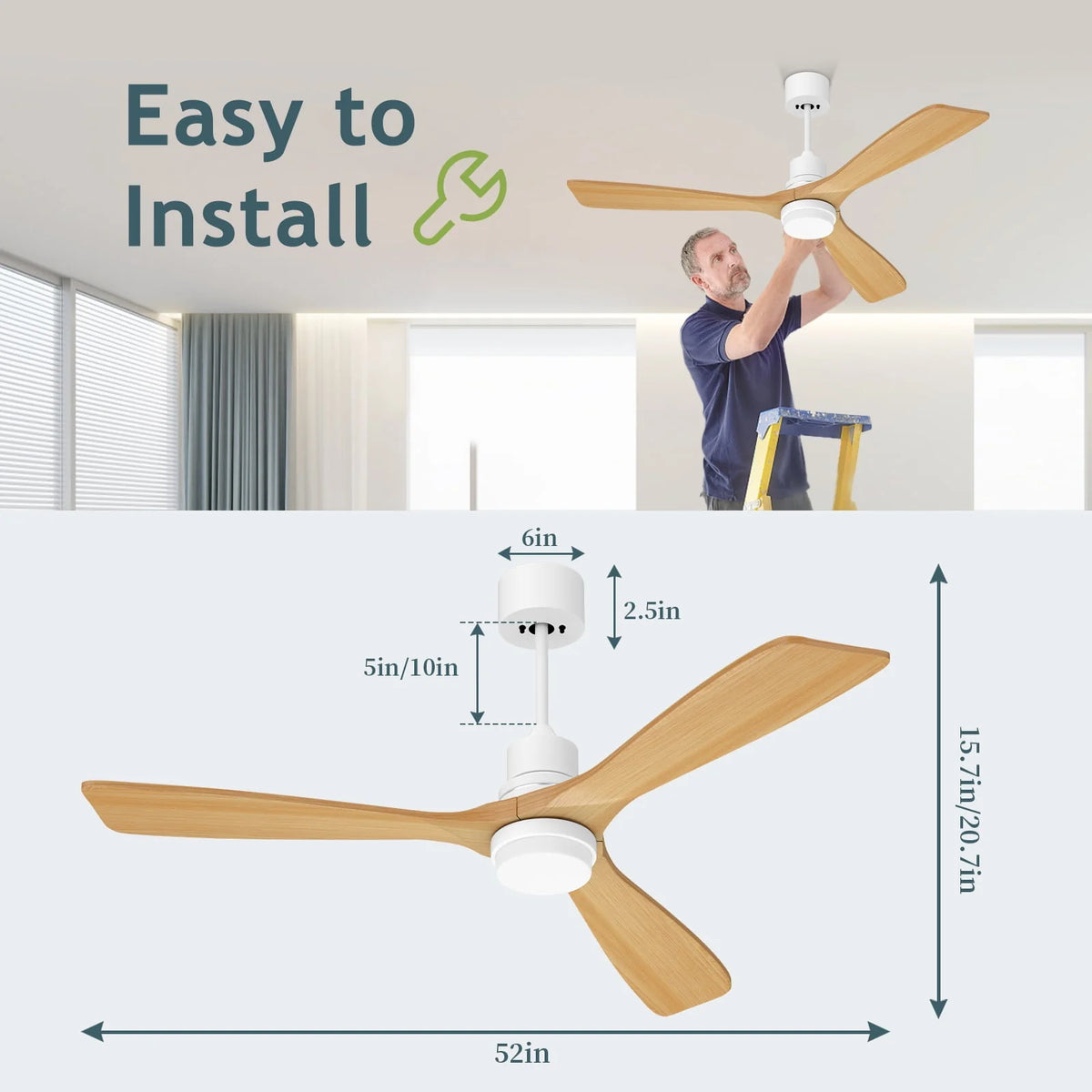 52'' Ceiling Fan with Light and Remote Control, 3 Wood Fan Blades, Walnut P9050