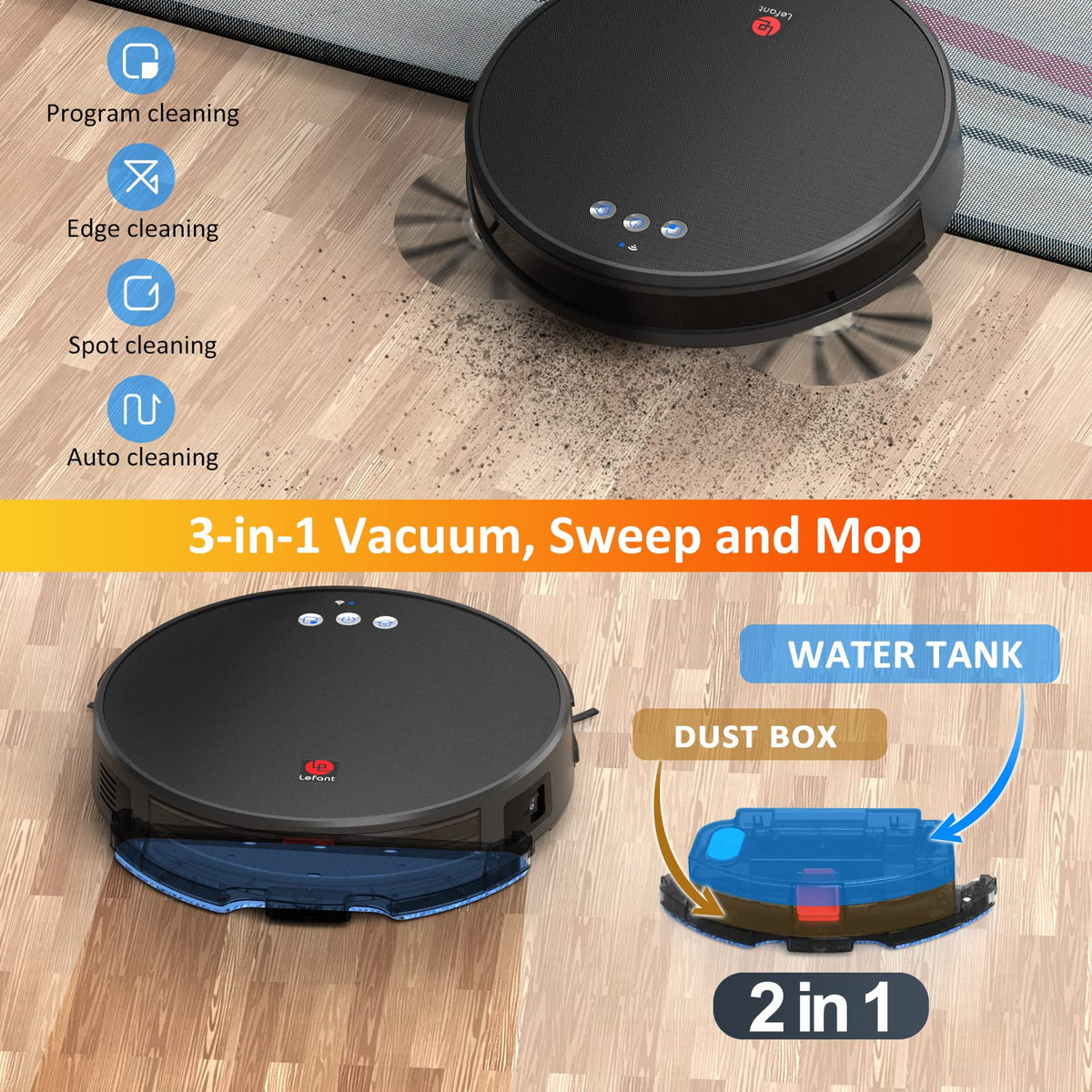 Robot Vacuum Cleaner and Mop, 160ml Water Tank, 3-in-1 V3703