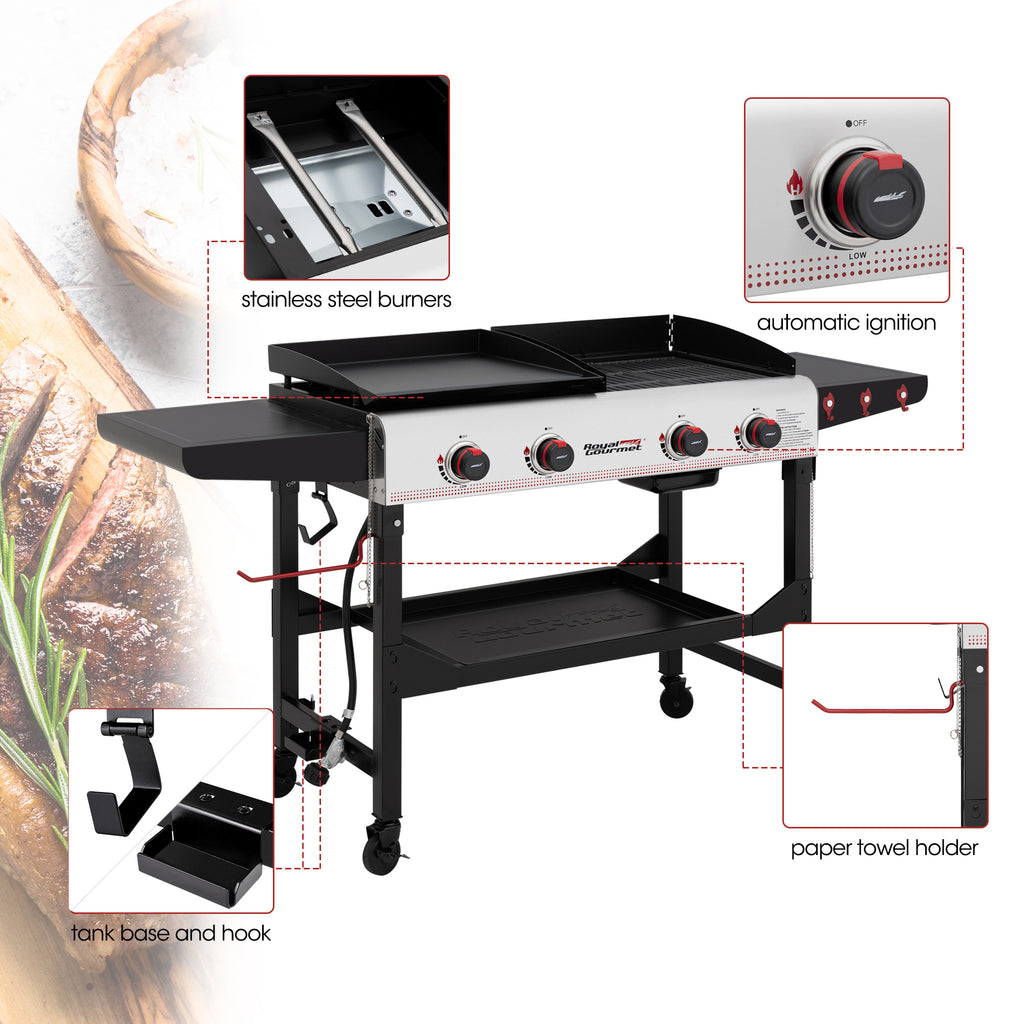 4-Burner Portable Flat Top Gas Grill and Griddle with Folding Legs J7966