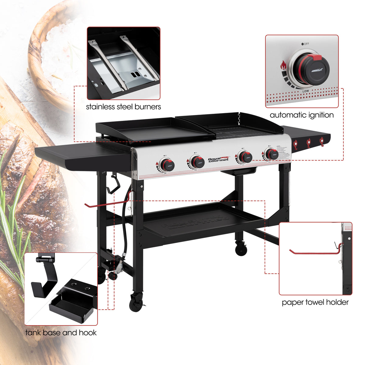 4-Burner Portable Flat Top Gas Grill and Griddle with Folding Legs J7966