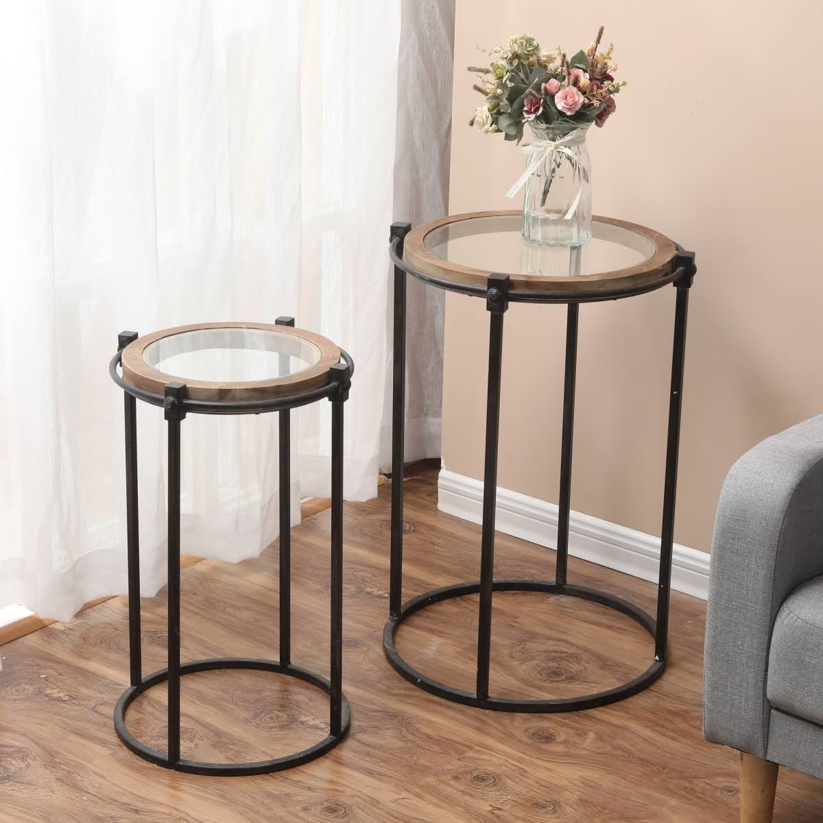 Metal & Glass Round Accent Table 2 Piece J271