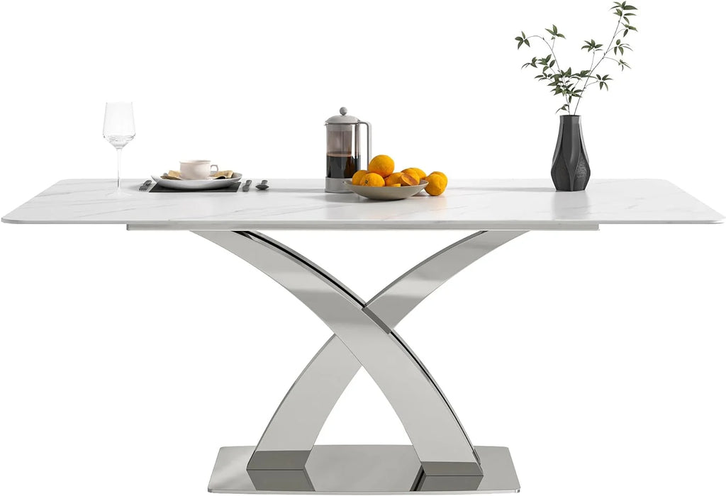 White Sintered Stone Dining Table for 8, Stainless Steel Base J210483