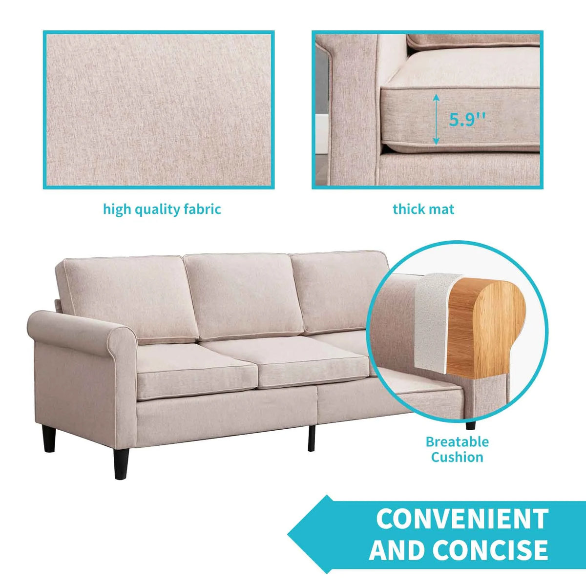 Linen Upholstered 3-Seater Sleeper Sofa with Cushion H906367