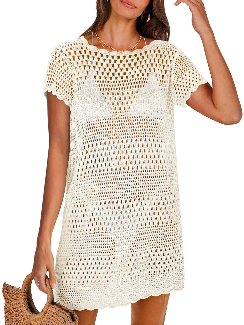 Crochet Hollow Out Knit Short Sleeve Beach Dress Q467358