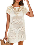 Crochet Hollow Out Knit Short Sleeve Beach Dress Q467358