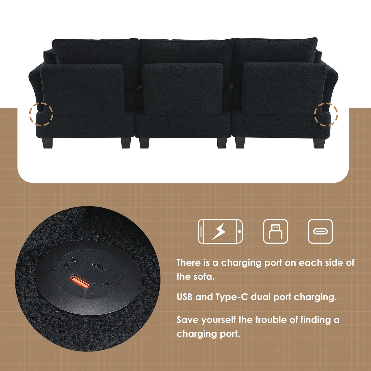 Black Velvet Sectional Sofa with Storage Ottoman L9800