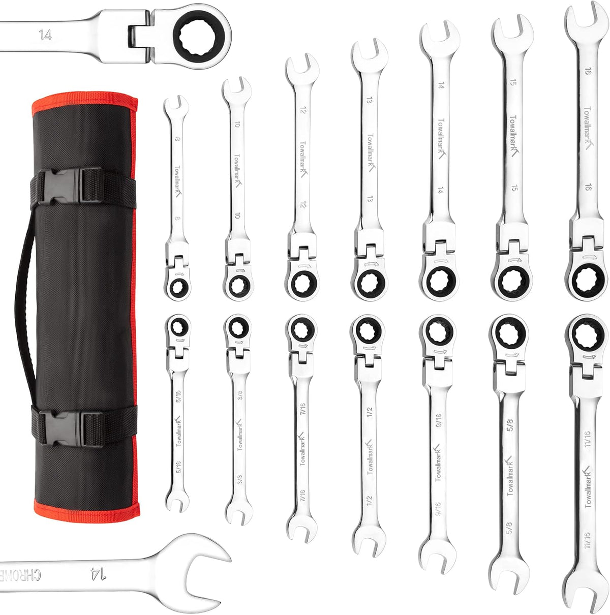 14-Piece Ratcheting Combination Wrench Set, SAE & Metric, Cr-V Steel with Storage Bag X606620