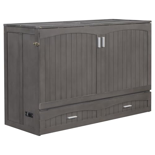 Queen Size Solid Pine Murphy Bed Cabinet with Storage Drawer M480